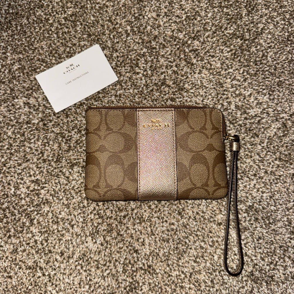 Coach Corner Zip Wristlet Monogram Brown and Metallic Gold